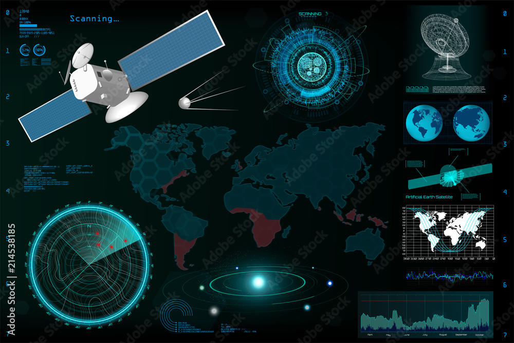Poster futuristic user interface, elements template hud. earth map, satellite, satellite dish, radar, solar