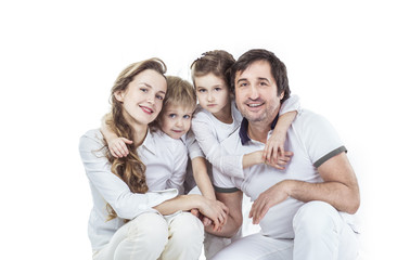 family portrait: parents with daughter and son on white background