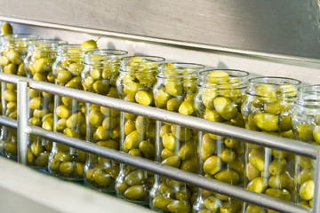 Olives in packaging line.