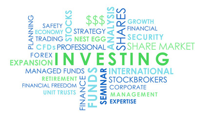 Investing and share market related words animated text word cloud, white background.