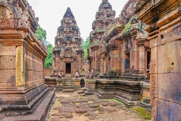 Banteay Srei - a 10th century Hindu temple dedicated to Shiva. The temple built in red sandstone was rediscovered 1814 in the jungle of the Angkor area of Cambodia.
