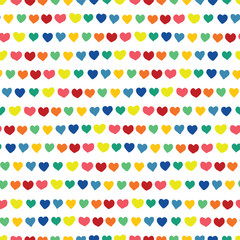 Hearts in a row hand drawn rainbow colors on a white background. Vector seamless pattern. Perfect for backgrounds, fabric, paper projects, wallpaper, packaging, and digital paper.