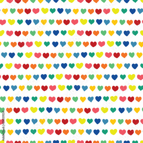 "Hearts in a row hand drawn rainbow colors on a white background