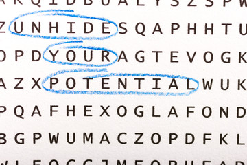 Word search, puzzle. Concept about finding,  unhide your potential, persistence, growth.