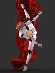 Woman cyborg dancing with a red cloth 3d illustration
