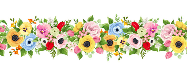 Vector horizontal seamless background with colorful flowers.