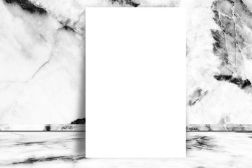 White blank paper mock up on white marble room texture background