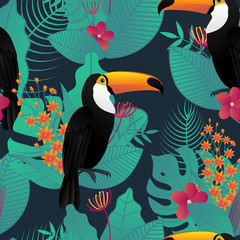 Seamless pattern with Toucan bird and tropical leaves and flowers on dark green background for printing and website design, wallpaper and textile fabric print. Vector illustration.