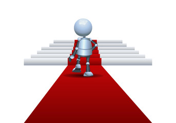little robot walking on red carpet  going up to podium