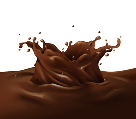 Chocolate splash vector illustration of realistic 3D dark or milky choco fondant swirl with drops in liquid flow on white background for candy or sweet dessert package design element.