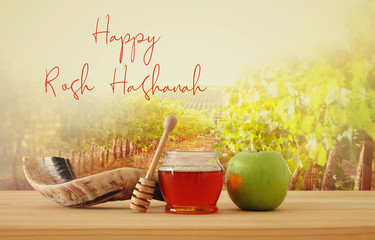Rosh hashanah (jewish New Year holiday) concept. Traditional symbols.