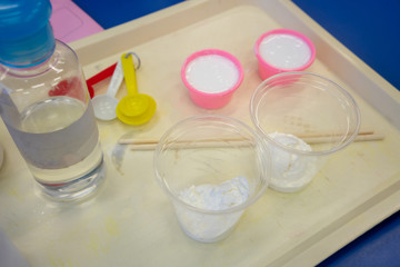A set of materials for making play dough on tray.  Science experiment for kid education.