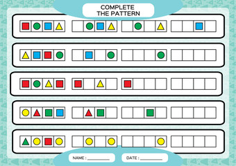 Complete simple repeating patterns. Worksheet for preschool kids. Practicing motor skills, improving skills tasks. Complete the pattern with geometrical 4 shapes. Draw and color, Blue background.