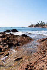 Fototapeta na wymiar Southern California coastline view of the ocean from the tide pools, with palm trees in the distance. 