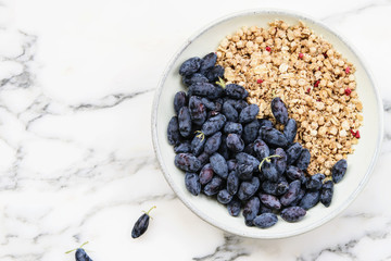 Fresh ripe honeysuckle berries and muesli in a ceramic bowl on a grey marble table. Healthy breakfast