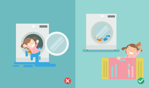 Wrong And Right Way,do Not Play In The Washing Machine.illustration Vector