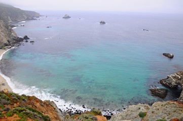 Beautiful beach with colorful plants on rocks in Spring near Big Sur on 17 mile Drive in California, United States