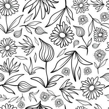 Flowers and Leaves Line Art Pattern