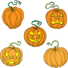 Set of halloween pumpkin faces isolated on white.
