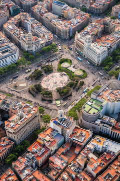 Aerial view of Placa de Catalunya with typical urban design, Barcelona