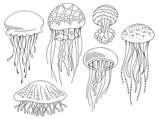 Fototapeta premium Graficzny meduza zestaw czarny biały na białym tle szkic wektor