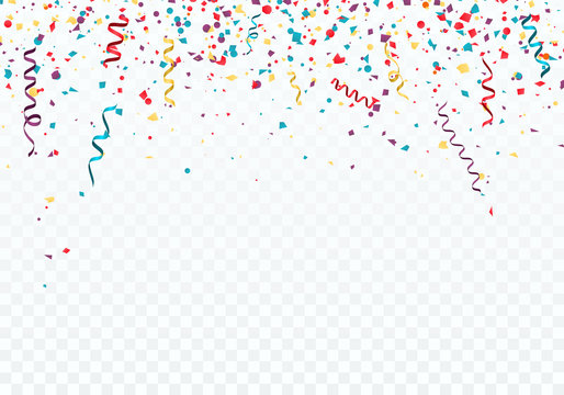 Celebration or festival background template with falling confetti and ribbons. Vector illustration isolated on transparent background