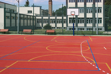 Lubno, Poland - july 9 2018:An open stadium in the courtyard of a village school. Eduction of the...