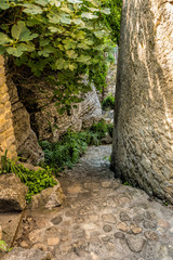 Romantic little alley with cobblestone stairs between the houses in the old medieval village of Labeaume in France