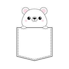 White bear head face in the pocket. Pink cheeks. Holding paw hands. Doodle linear sketch. Cute cartoon character. T-shirt design. Dash line. Pet animal. White black color. Baby background. Flat
