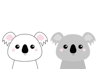 Koala bear head face set. Doodle linear sketch. Cute cartoon character. T-shirt design. Dash line. Pet animal. White gray color. Baby background. Flat design