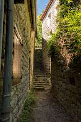 Romantic little alley with cobblestone stairs between the houses in the old medieval village of Labeaume in France
