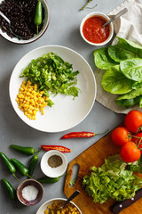 prepared products preparation taco salad gray concrete background top view