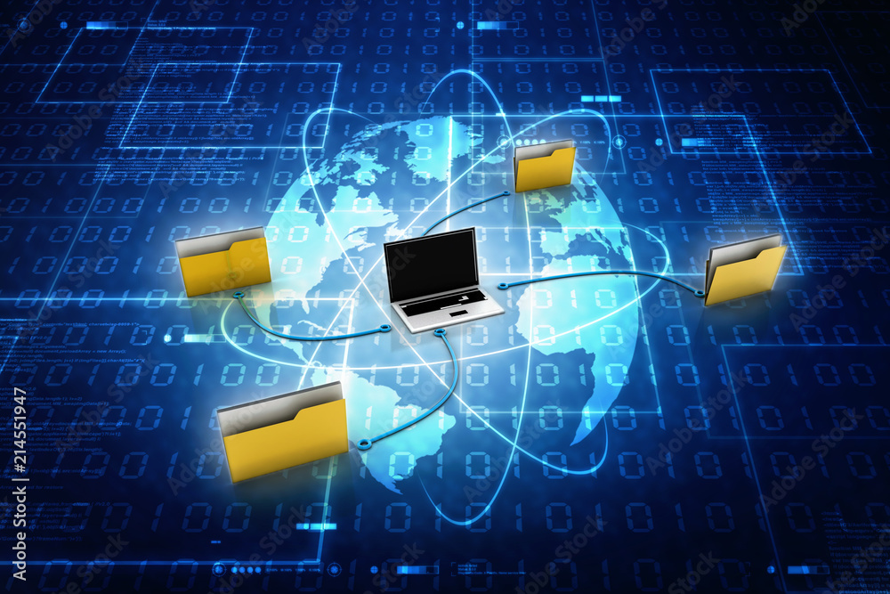 Poster 3d rendering folder connected to computer network