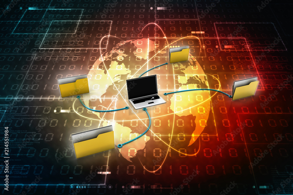 Poster 3d rendering folder connected to computer network