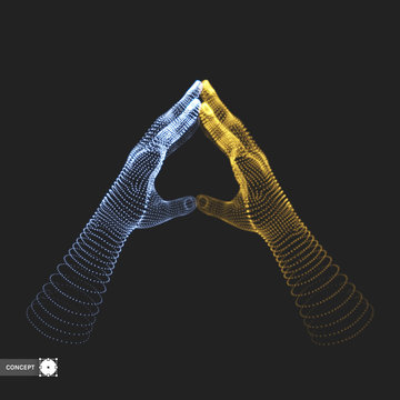 Two human hands. Connection structure. Business concept. 3D vector illustration.