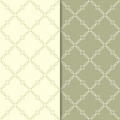 Olive green geometric ornaments. Set of seamless patterns