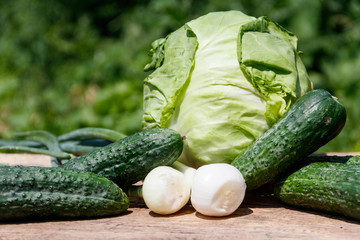 Fresh green vegetables on rustic wooden table outdoor