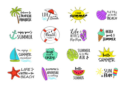 Collection of summer icons - decorations with text. Vector.