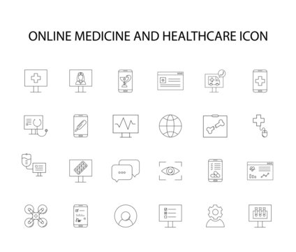 Line Icons Set. Online Healthcare And Medicine  Pack. Vector Illustration	