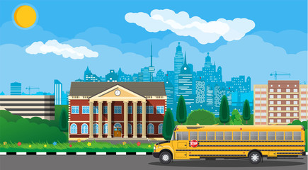 Classical school building and cityscape.