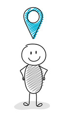 Cartoon stickman holding map pin (geotag) symbol. Vector.