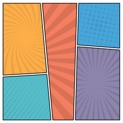 Colorful comic book page background in pop art style. Empty template with rays and dots pattern. Vector illustration

