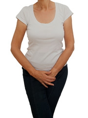 Mature, older woman holdig crotch. Discomfort from incontinence, menopause or similar personal...