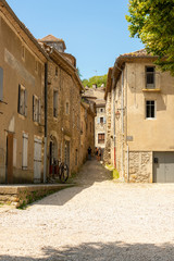 View into a small romantic alley in the medieval village Labeaume on the Ardeche in France