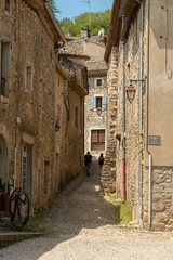 View into a small romantic alley in the medieval village Labeaume on the Ardeche in France