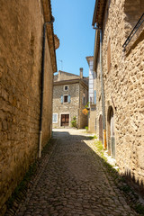 View into a small cobblestone alley in the medieval village Labeaume at the Ardeche in France