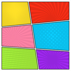 Obraz premium Colorful comic book page background in pop art style. Empty template with rays and dots pattern. Vector illustration 