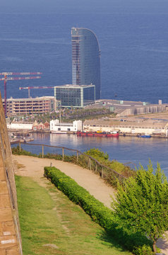 Barcelona city, view of park and sea in background