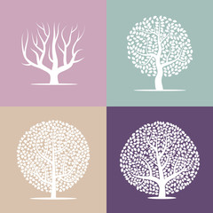 Set of four silhouettes of trees on colorful backgrounds. Vector illustration.
