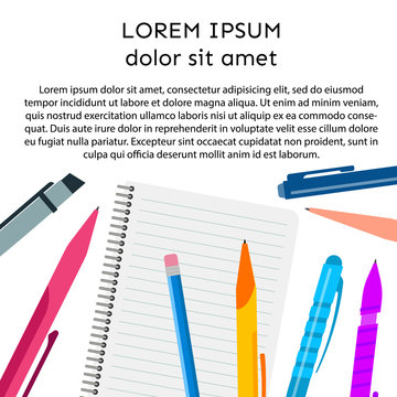 Background with notebook, pens, pencils and place for your text. Vector illustration.
